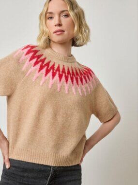 Lilla P Short Sleeve Easy Fair Isle Sweater Size Small Wool Crewneck Tan Pink